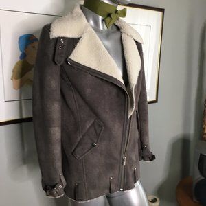 The Kooples Gray Suede Shearling-Lined Moto Jacket with Cream Collar